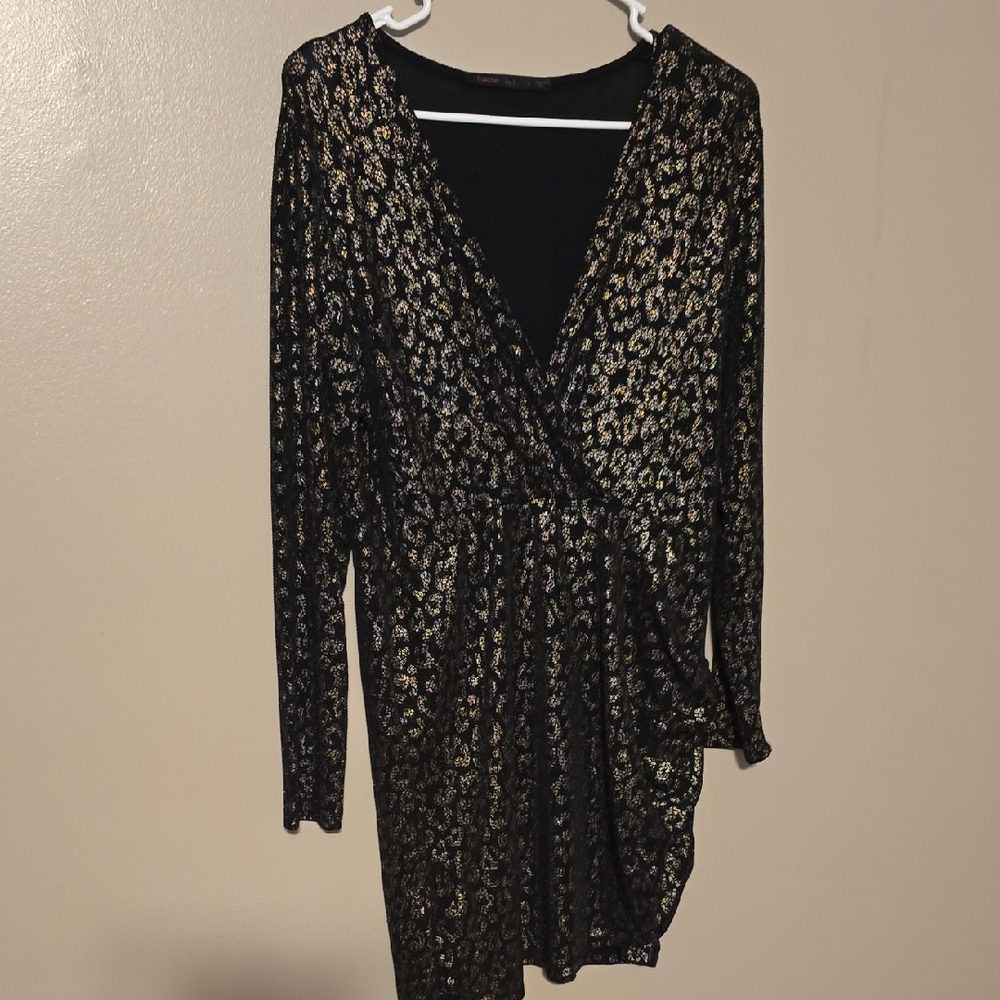 Fraiche by J Women's Black Metallic Sima Faux Wrap‎ Mini Dress Size Large